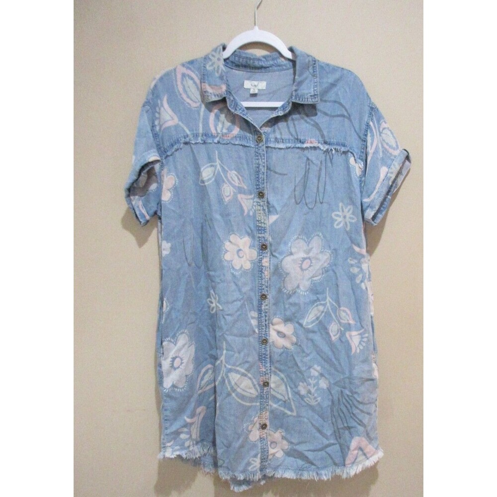 Easel Shirt Dress Button Down Women Small Blue Jean Floral Print Cotton Knee